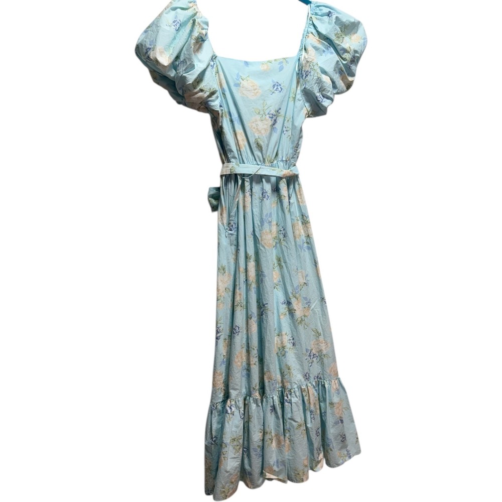 LoveShackFancy Blue‎ Floral Puff Sleeve Midi Dress Size 2 Tiered Hem for Target - Picture 4 of 12